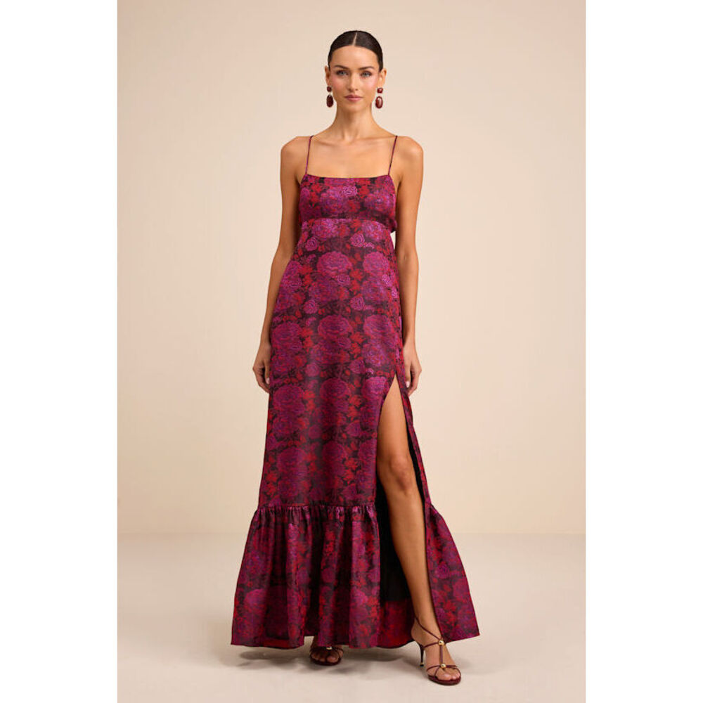 NWT Lulus Jasiel Burgundy Jacquard Lace-up Tiered Maxi Dress - Size S